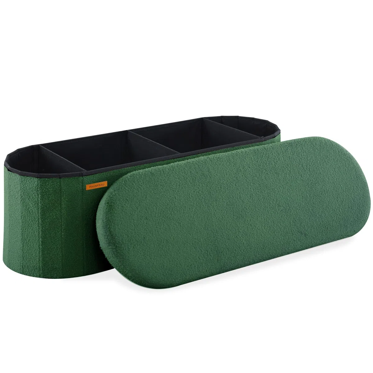 HAUSFRAU Taburete con espacio de almacenamiento, banco plegable, caja de almacenamiento, soporta hasta 300 kg, reposapiés para salón, dormitorio, pasillo, 110 x 38 x 38 cm, forro polar verde