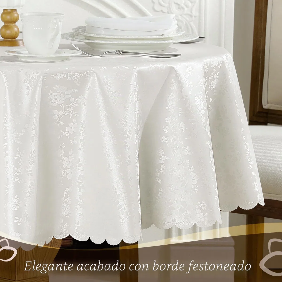 Romanstile mantel redondo grande de hule PVC blanco con flores, antimanchas, impermeable, resistente y fácil de limpiar, 160 cm, apto para mesa redonda grande de comedor, jardín, uso exterior y Pascua
