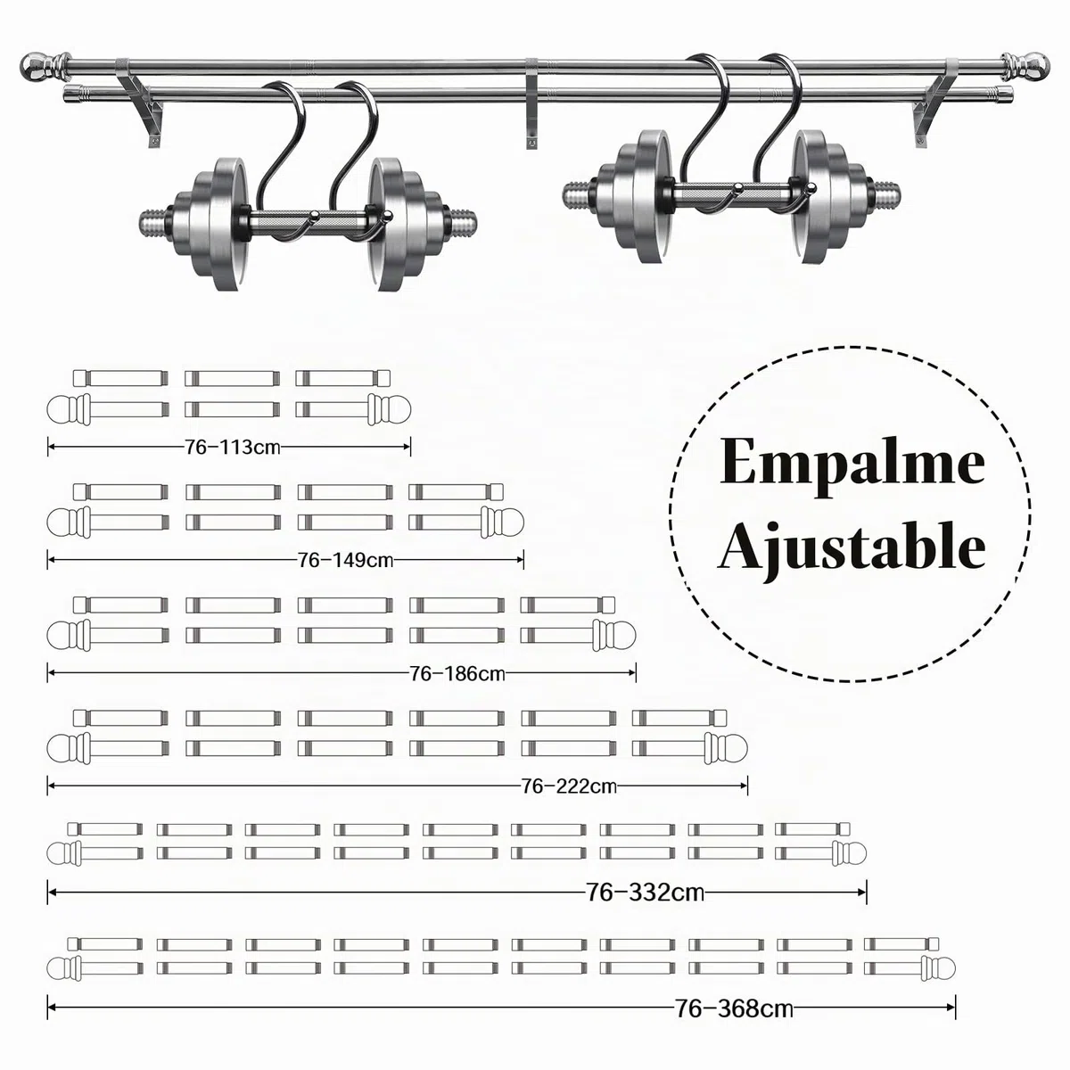 Barra de Cortina Doble Plateada - 76-186 cm, Extensible de Acero Inoxidable para Cortinas con Ojales, Opacas y de Gasa