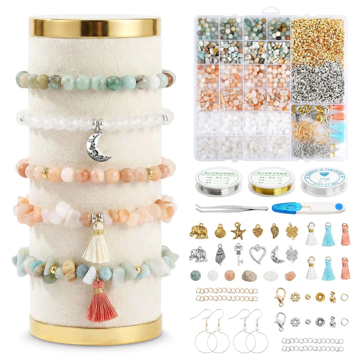 Kit Pulseras, 780 pcs Cuentas de Piedra Natural 6mm, Kit DIY para Hacer Pulseras, Collares y Aretes, Set Completo con Accesorios para Joyería