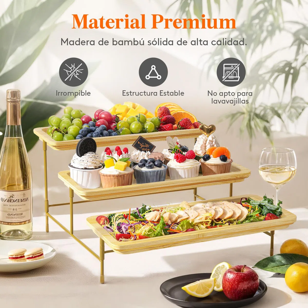 Lifewit Bandeja de servir de bambú de 3 niveles, 36 x 17 cm, bandeja de servir con soporte de metal dorado para suministros de fiesta, accesorios de bufé, grandes bandejas reutilizables para