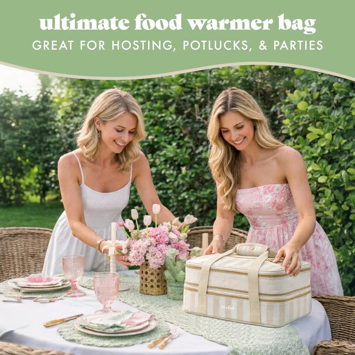 Fit & Fresh Cazuela aislada, transportador de alimentos de dos pisos para dos platos de 9 x 13 pulgadas, bolsa expandible de transporte de alimentos fríos y calientes con bolsillo con cremallera para