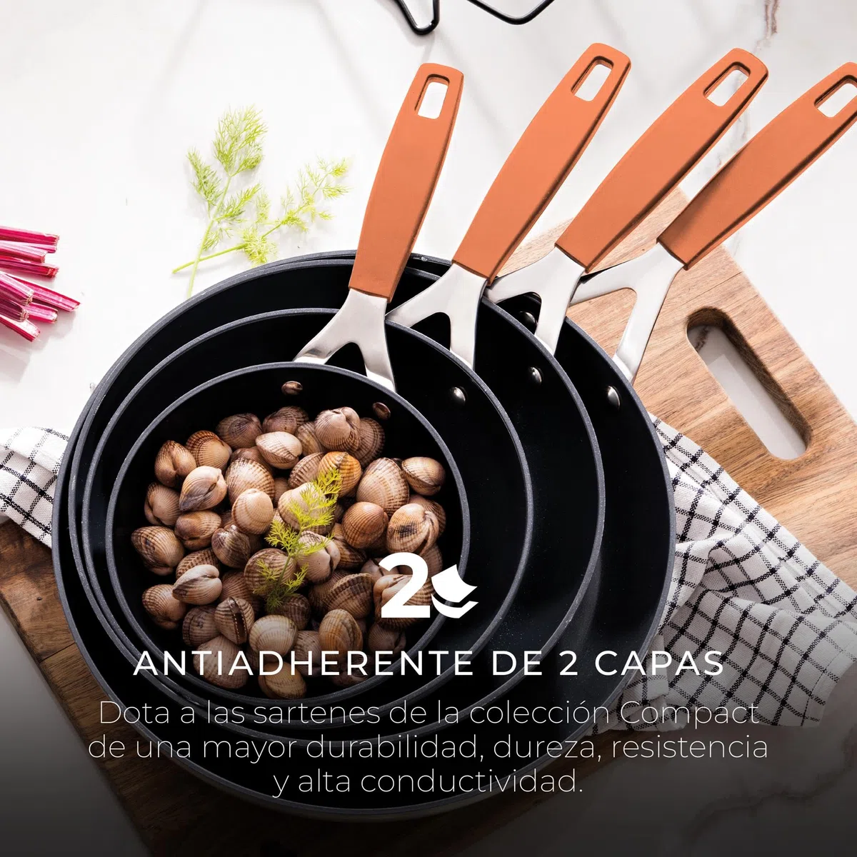 San Ignacio Compact - Juego de 2 Sartenes Ø16Ø28cm + Asador cuadrado 28x28cm en aluminio forjado para inducción COMPACT