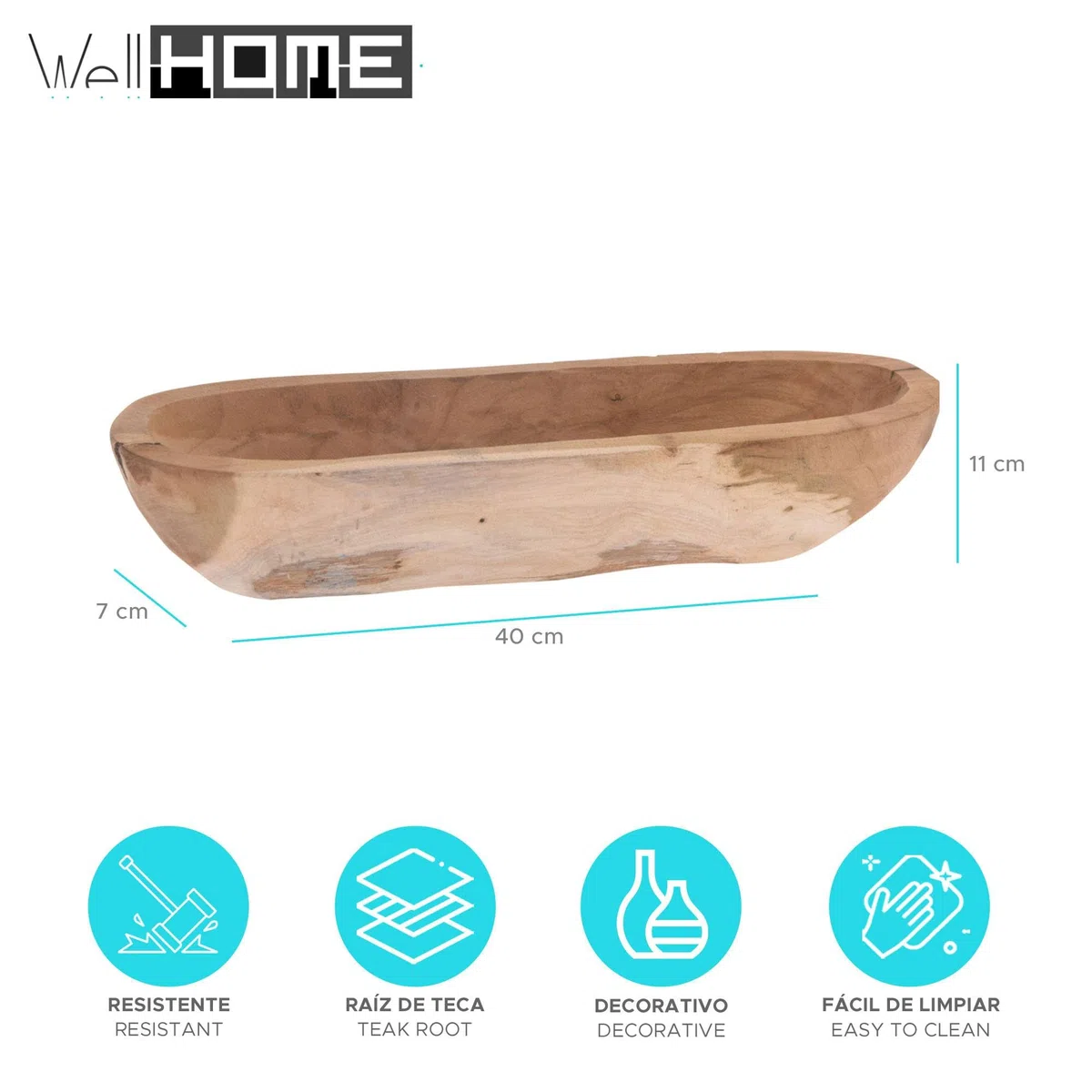 Well Home Cuenco en forma de canoa en madera de raíz de teca 40x11x7cm