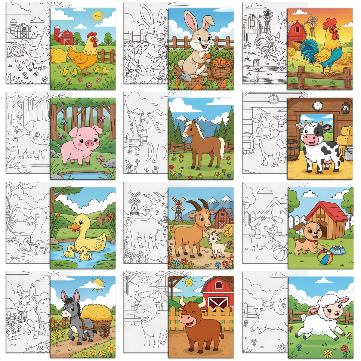 MAYJOYDIY 12 Piezas de Animales de Granja Pre Dibujados Lienzo para Pintar Conejo Zanahoria Lienzo Pre Impreso para Adultos 25×20cm Gallina Pato Suministros de Arte para Pintar DIY para Principiantes