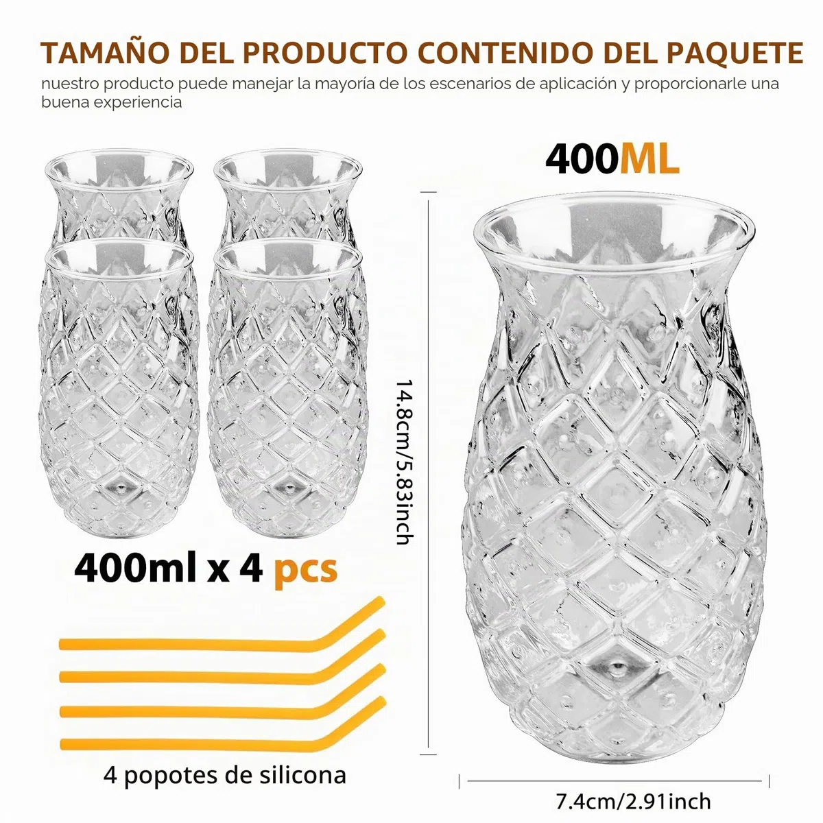4 vasos de cóctel de 480 ml: copas de piña con 4 pajitas, vasos de cóctel transparentes con relieve de piña, copas de cóctel para fiestas, zumo de vino, copas de cóctel para familia, camping, bar