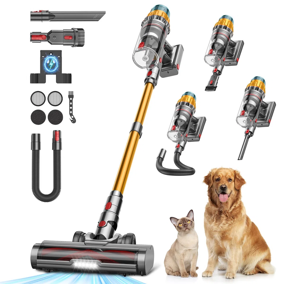 Aspiradora sin Cable para Pelos de Mascotas, 50kPa/600W Potente, 70Min Autonomía, Manguera 1M, Cepillo Antienredos, Autoportante, Aspirador Escoba Silenciosa para el Hogar, Perros y Gatos