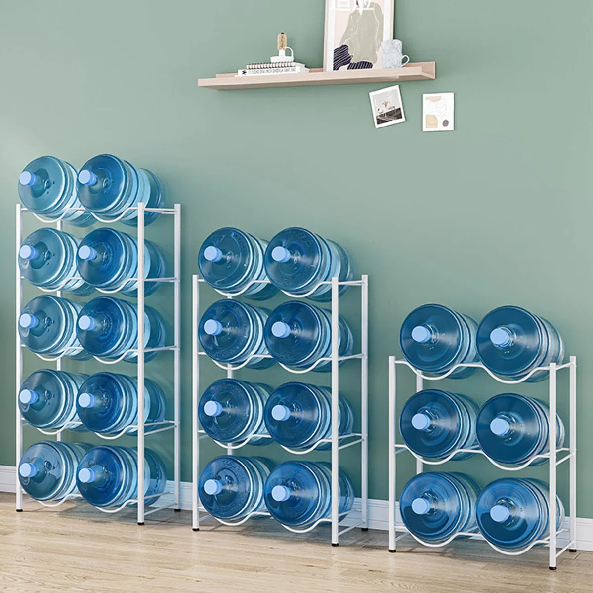 5 N - Estante para botellas de agua, apilable, doble fila para botellas enfriadoras de agua, Sto Solut para el hogar y la oficina, maximiza el espacio y la eficiencia