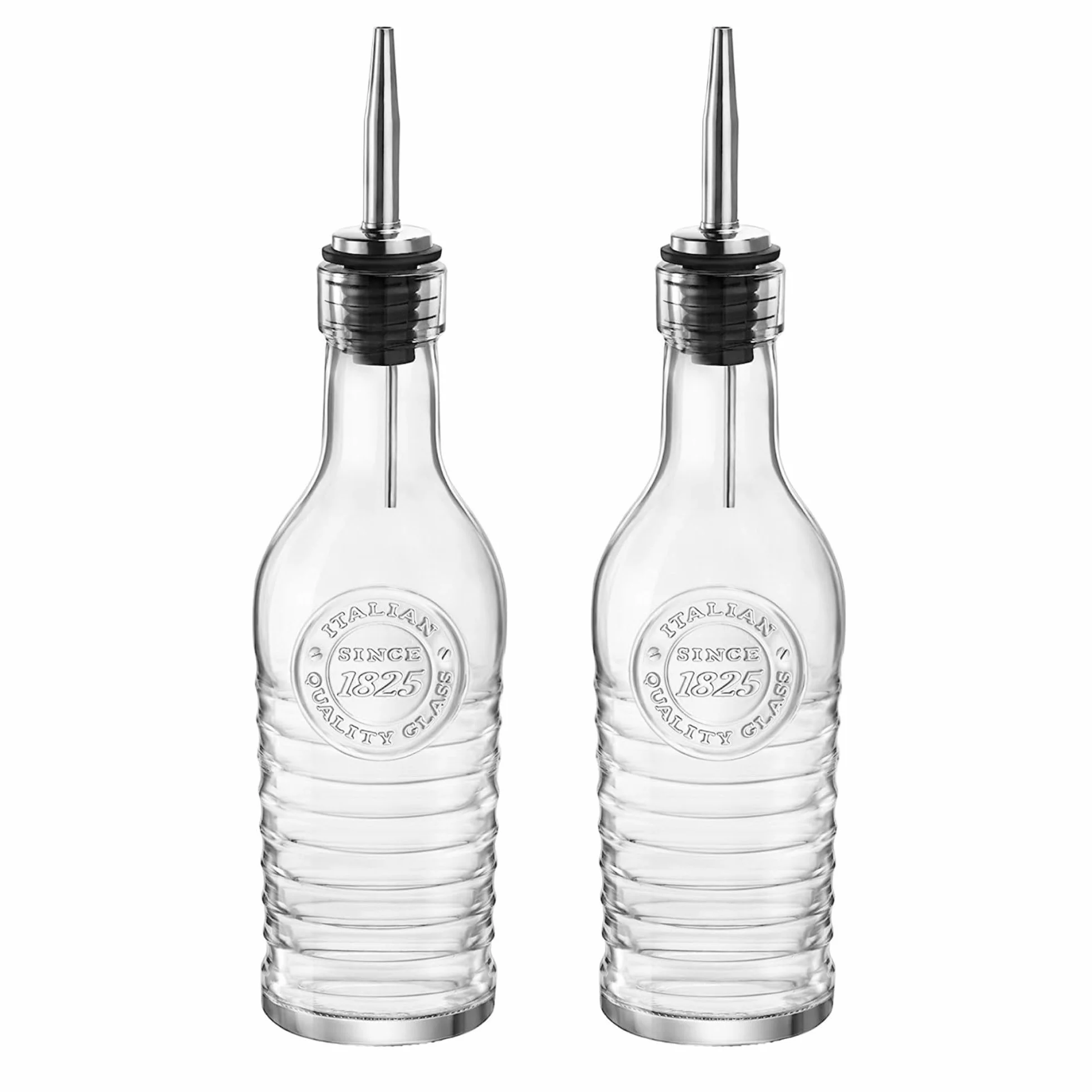 BORMIOLI ROCCO Botellas de cristal Officina 1825 – para aceite de oliva/vinagre – Boquilla vertedora de acero inoxidable – 268 ml – Lote de 2