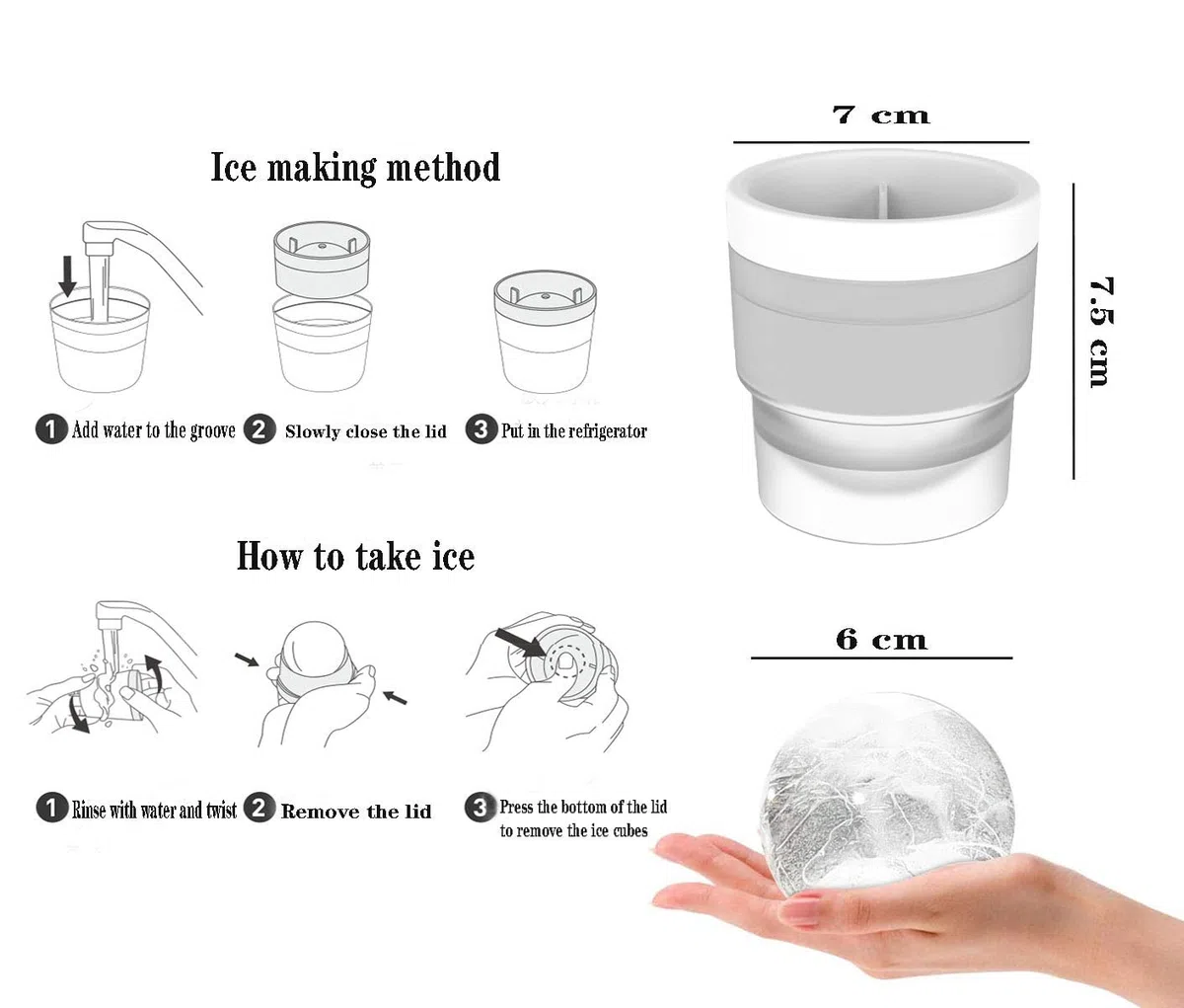 PIPITA 4 moldes para Hacer Bolas de Hielo,7cm Bandeja de Hielo en forma Redonda Grande, Diseño Doble a Prueba de Fugas con Anillo de Presión, Ideal para Whisky o Cualquier otra Bebida