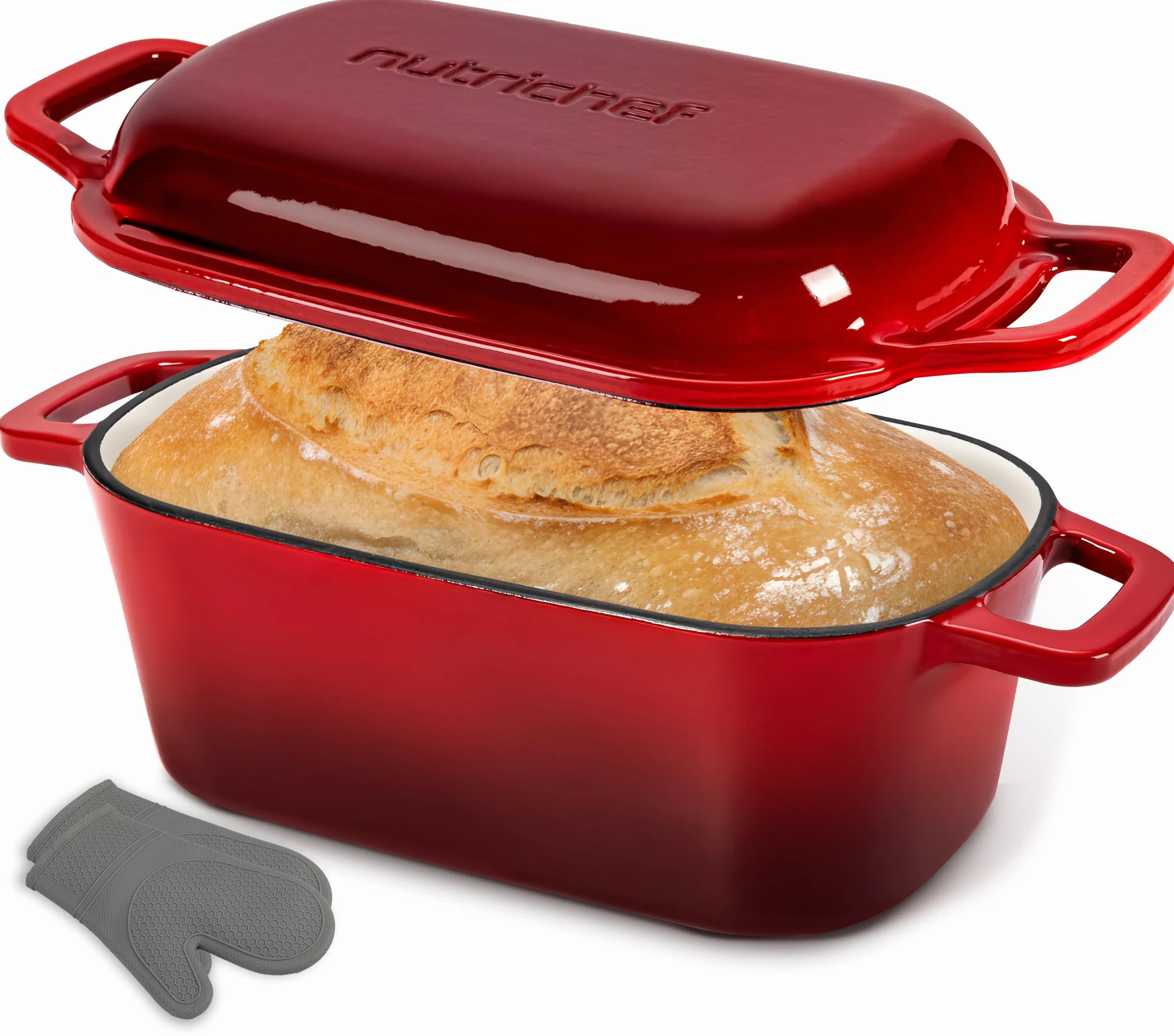 NutriChef Horno Holandés Ovalado para Masa Madre, Molde para Pan Artesanal con Tapa, Hierro Fundido Esmaltado, Con Guantes de Silicona 29.5cm