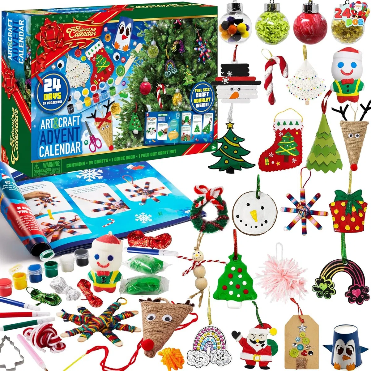 JOYIN Calendario de Adviento de Navidad 2025, calendario de Adviento de 24 días con arte y manualidades navideñas, tijeras, pegamento, cordones, pinturas, acuarelas, regalos para fiestas navideñas