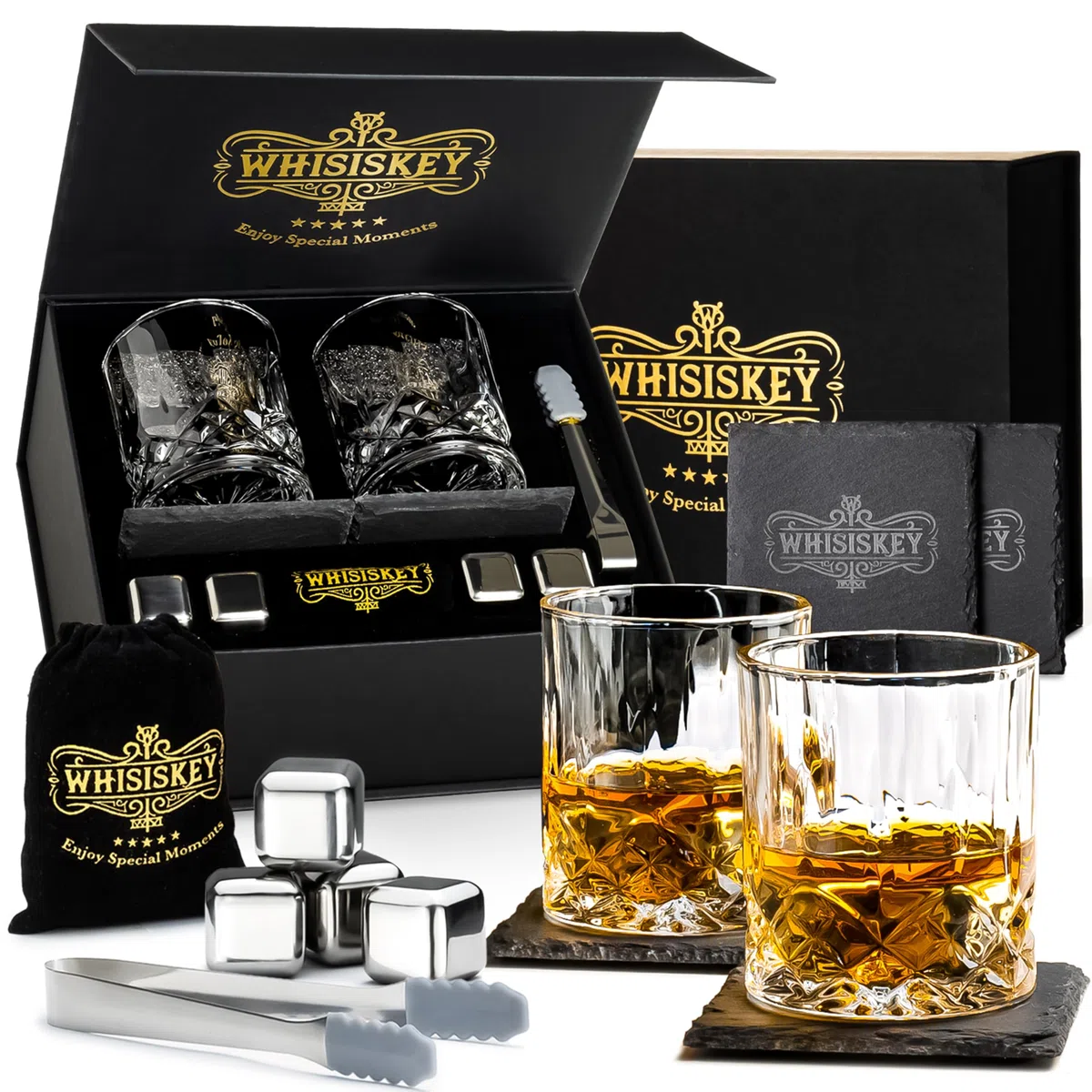Whisiskey - Set de Accesorios de Whisky - Regalos Originales para Hombre - Cubitos Hielo Reutilizables - Regalo Hombres - Incl: 2 Vasos, 4 Piedras de Whisky, Posavasos, Pinzas para Hielo