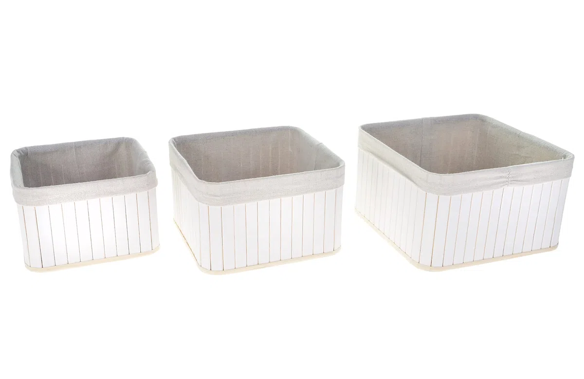 HERSIG - Cesta de Bambu | Cesta Decorativa Cuadrada Color Blanco - 26x26x15 cm - 22x22x14cm - 19,5x19,5x13cm - Pack 3 Unidades