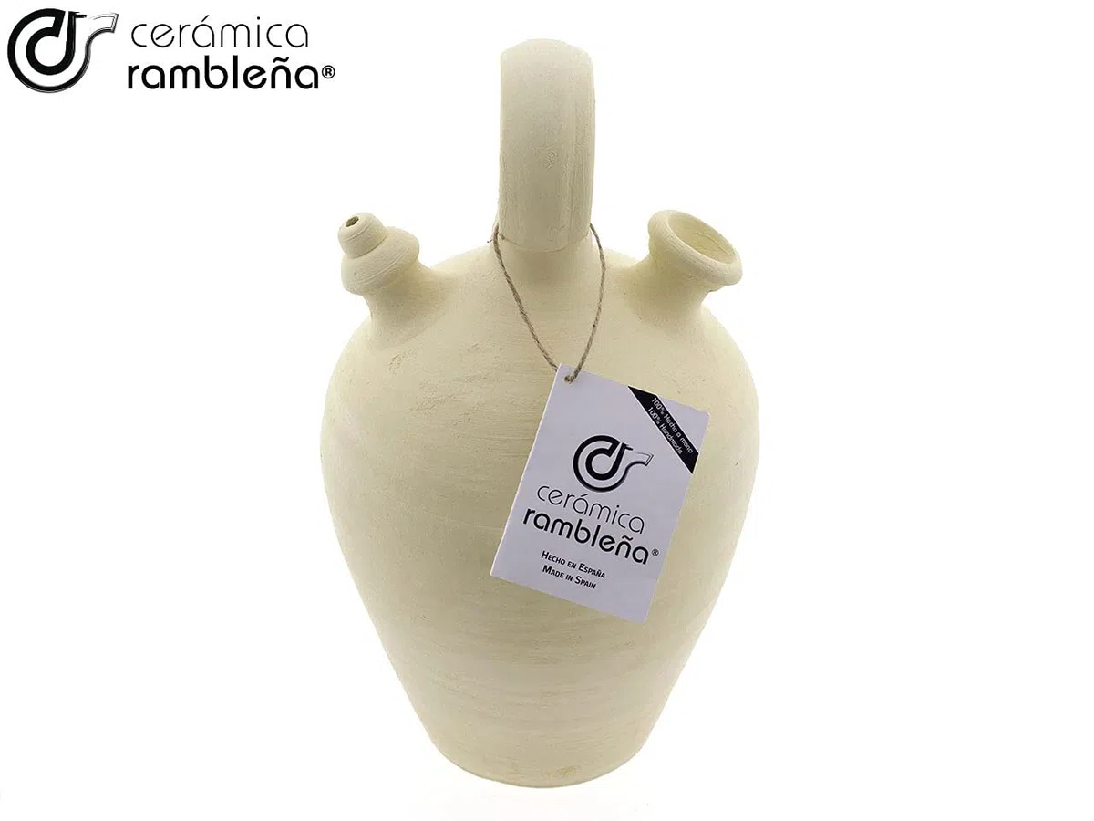 CERÁMICA RAMBLEÑA | Botijo de Barro Tradicional asa Redonda Base Fina de La Rambla (Córdoba) | 100% Hecho a Mano | 3.75 litros | Eco | Plato NO Incluido