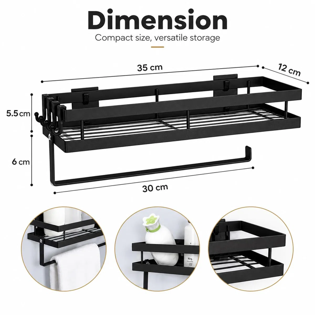 Especiero de Pared Sin Taladrar con Portarrollos de Cocina, Organizador de Cocina de Acero al Carbono Negro, Estante para Especias con 4 Ganchos para Utensilios y Paños