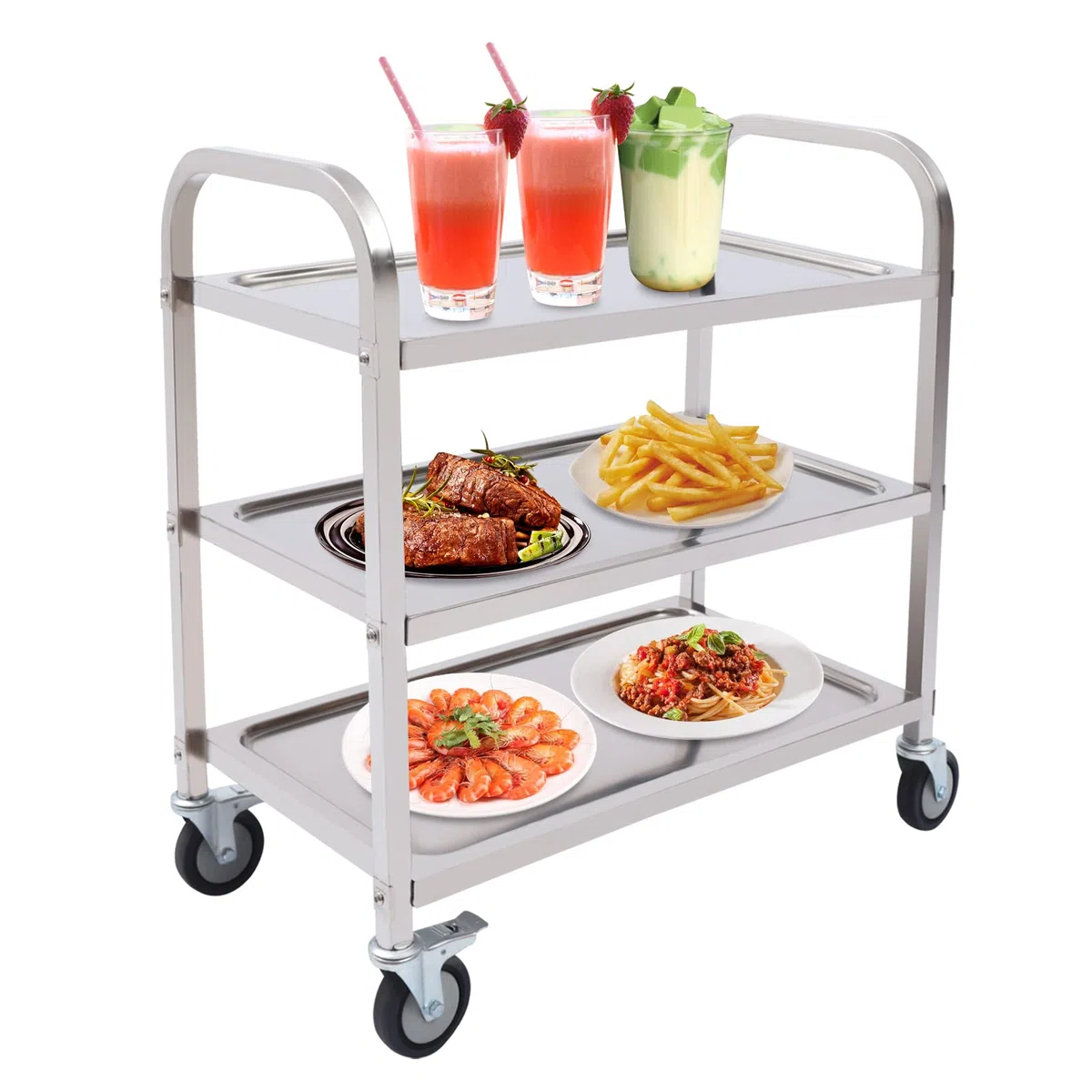 Carro de servicio de acero inoxidable con 3 estantes, para cocina, con ruedas, para hoteles, hospitales, escuelas, 85 x 45 x 90 cm