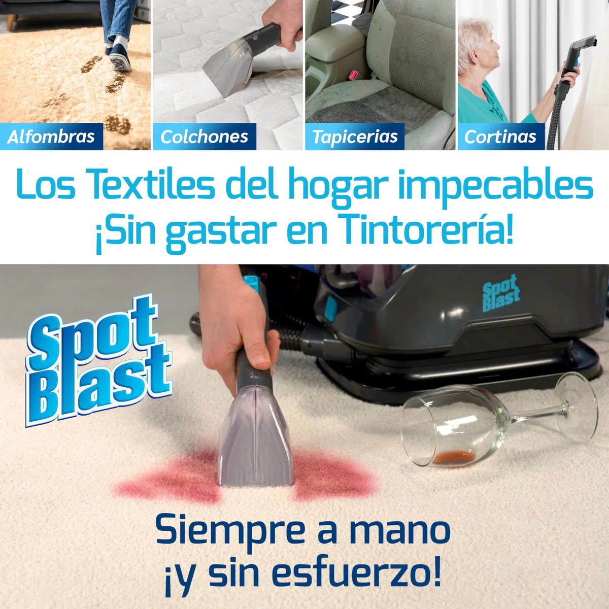 SPOT BLAST Aspirador Limpiador de Tapicerías 3 en 1 650W – Limpia Manchas en Sofás, Alfombras, Colchones, Asientos del Coche – Depósitos de Agua Limpia/Sucia Extraíbles, Portátil y Potente