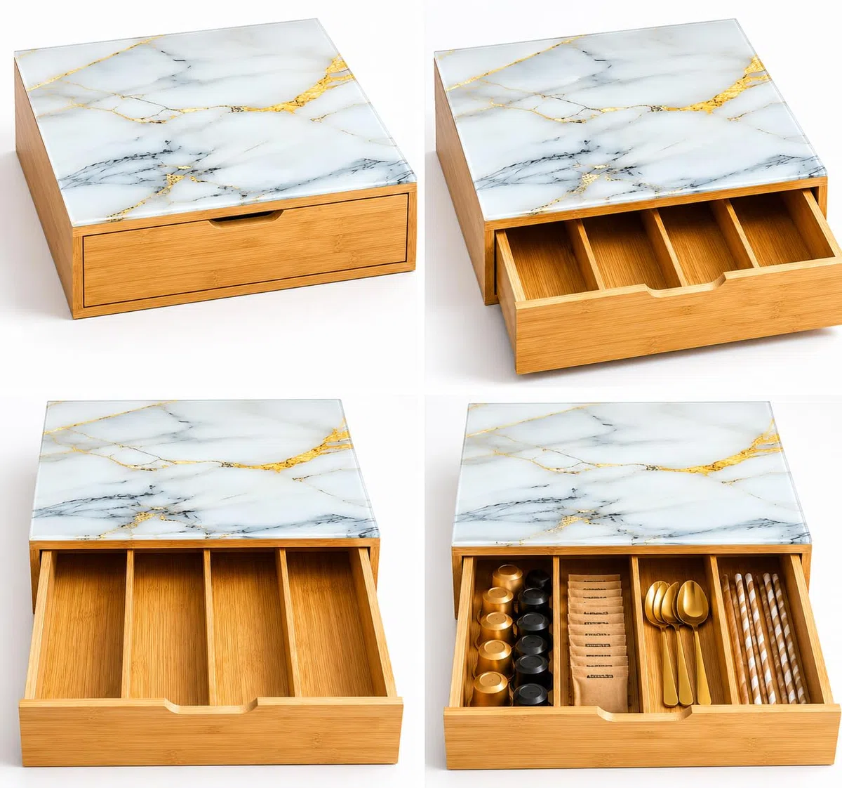 Cajón para cápsulas de bambú con superficie de cristal efecto mármol, organizador de cápsulas de café, 3 compartimentos, porta cápsulas y monodosis, ahorra espacio para cocina y café