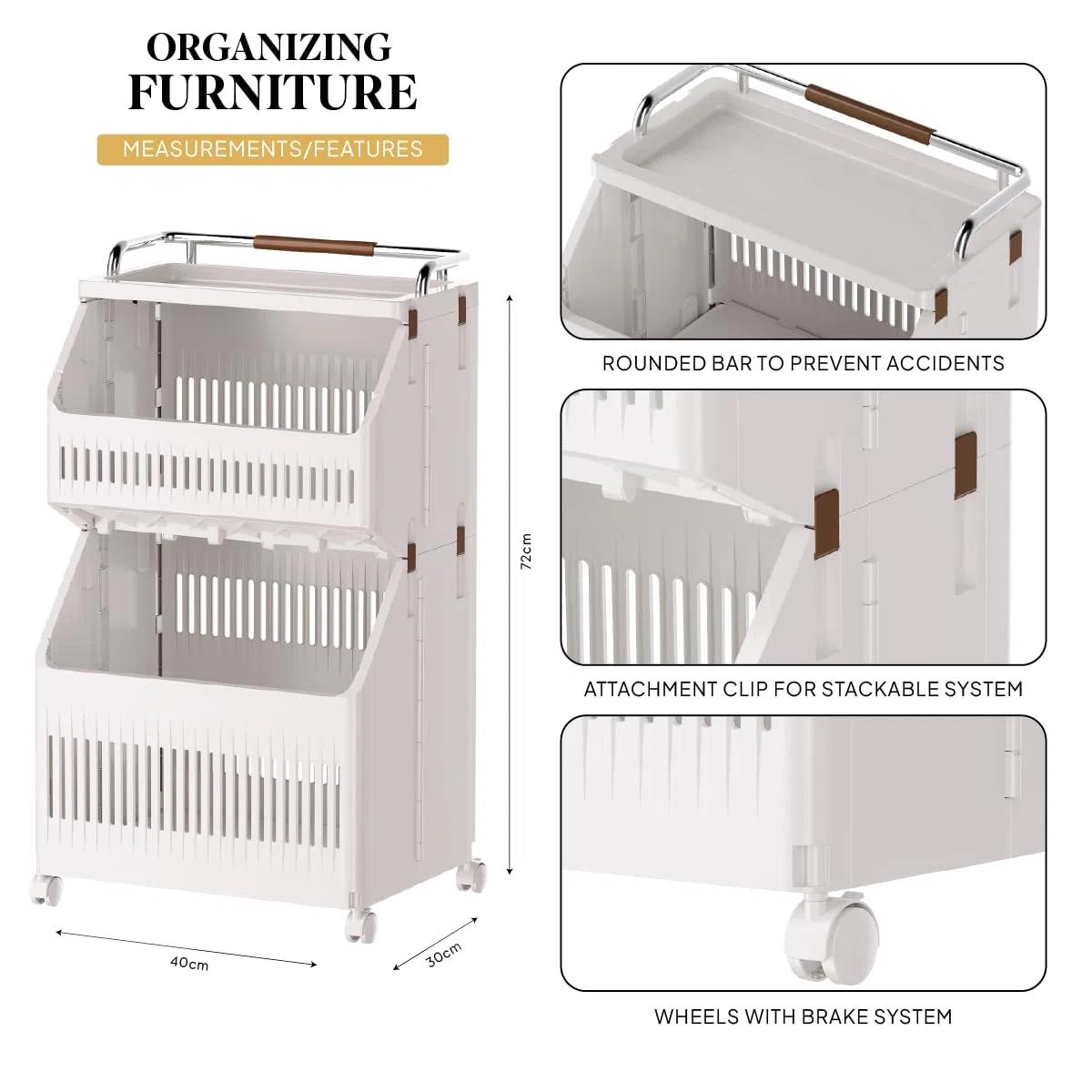 Carrito Auxiliar con Ruedas para Cocina. Armario Organizador Apilable para Baño. Cesto para Ropa Sucia. Carrito de Almacenamiento Multiusos. (2 Estantes)