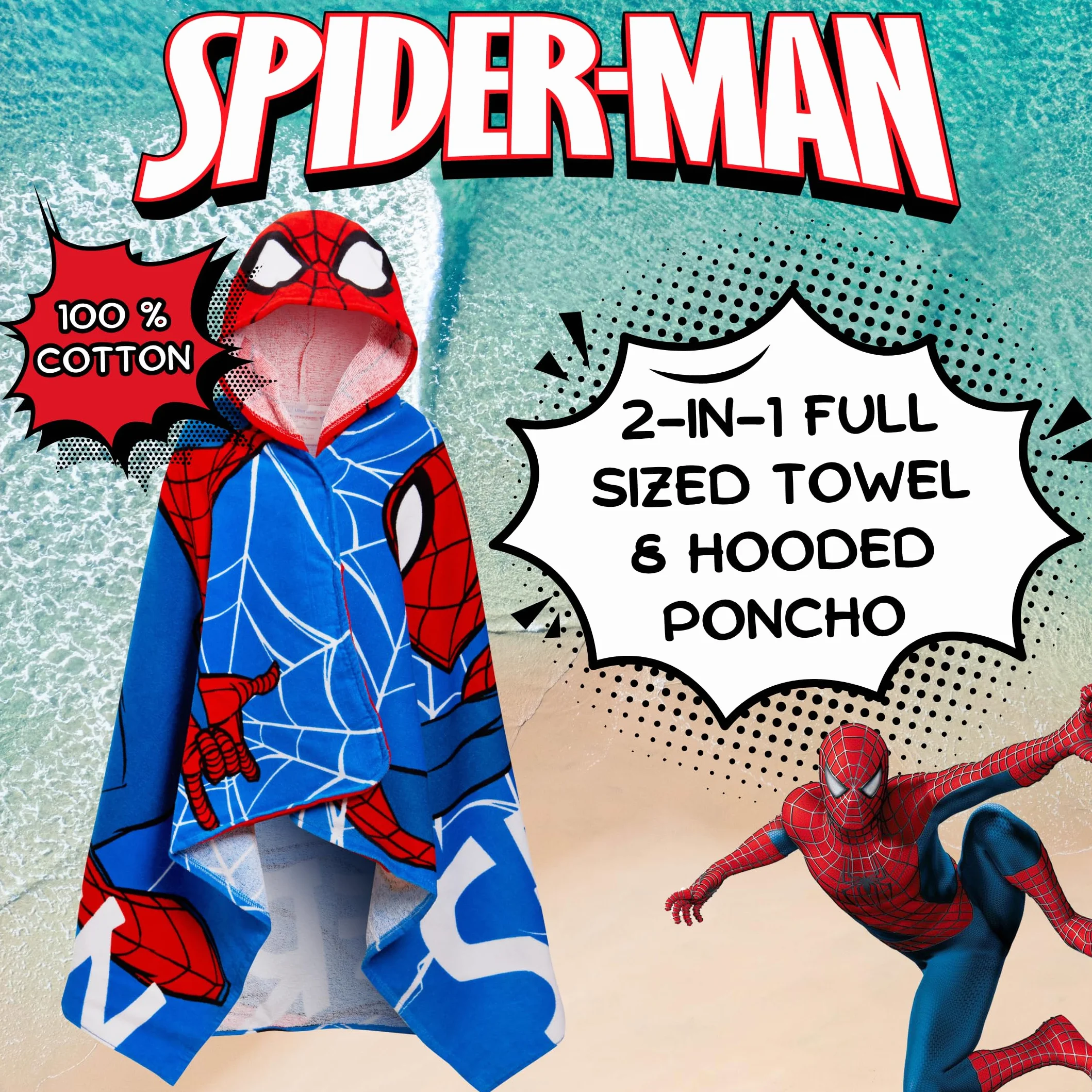 Spider-Man Toalla con capucha 100% algodón Vestir Vengadores Poncho Niños Baño Toalla de playa Envoltura de natación Niños Cambio de bata