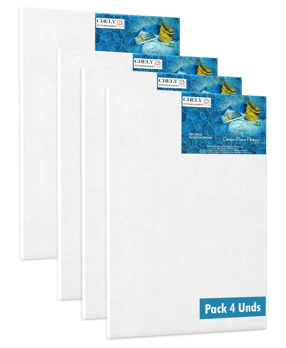 CHELY INTERMARKET MOD560 Lienzos Para Pintar 60X60 CM Pack 4 Unidades Bastidor Madera 16 MM Algodón Blanco Preimprimado Profesional Para Acrílico Óleo Manualidades Bellas Artes Artistas Aficionados