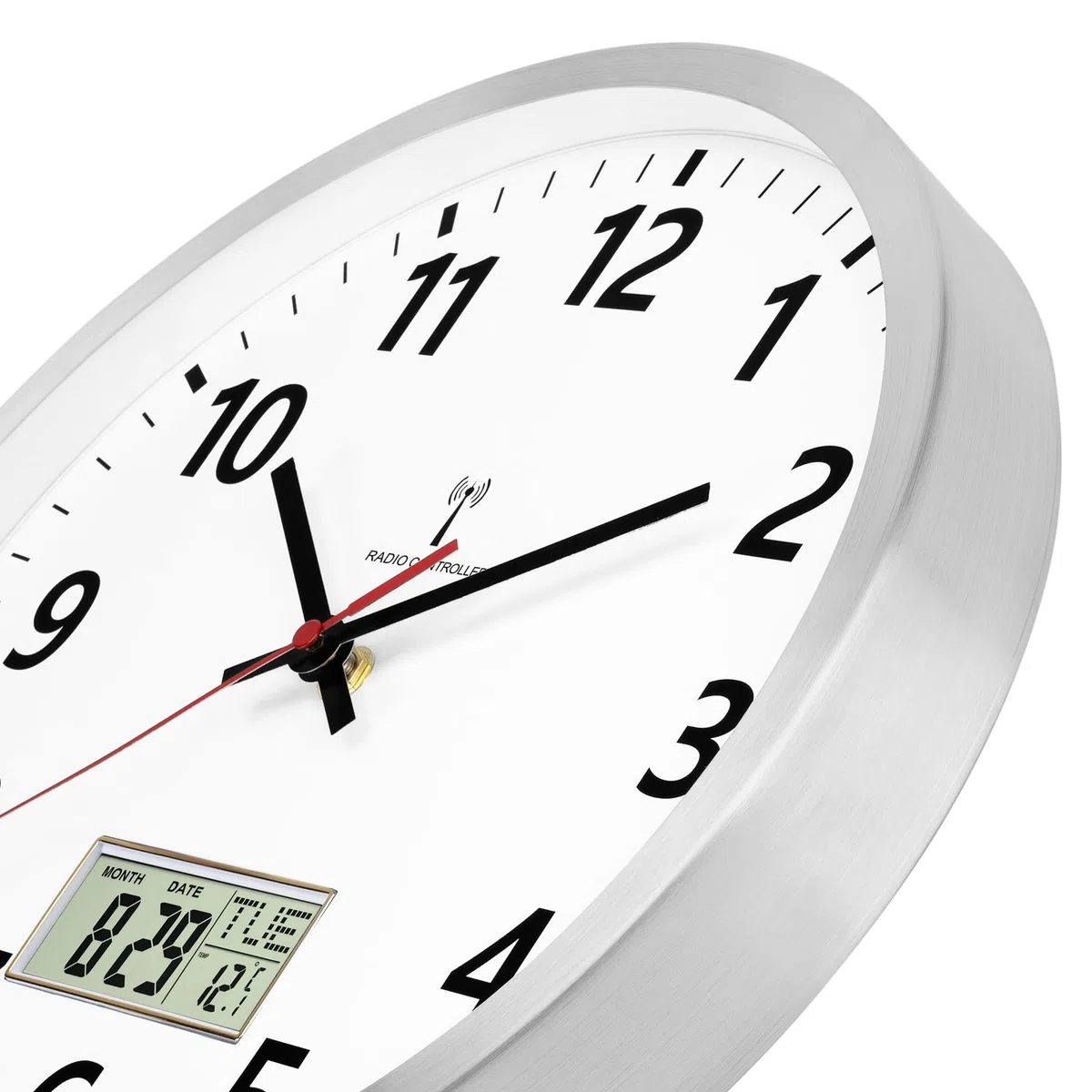 Foxtop Reloj de Pared Digital Radiocontrolado 30 cm Reloj de Cocina con Termómetro y Calendario Segundero Rojo de Fácil Lectura para Cocina, Salón u Oficina