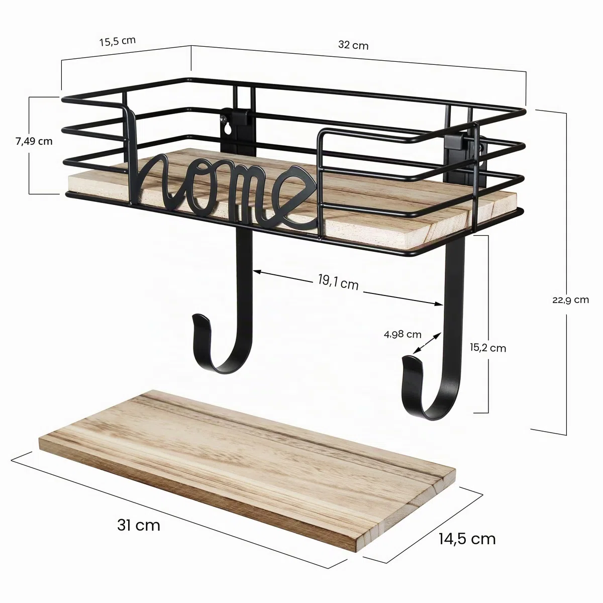 TJ.MOREE Soporte de pared para tabla de planchar, soporte para plancha y tabla de planchar con gran cesta de almacenamiento de madera y ganchos extraíbles (negro)