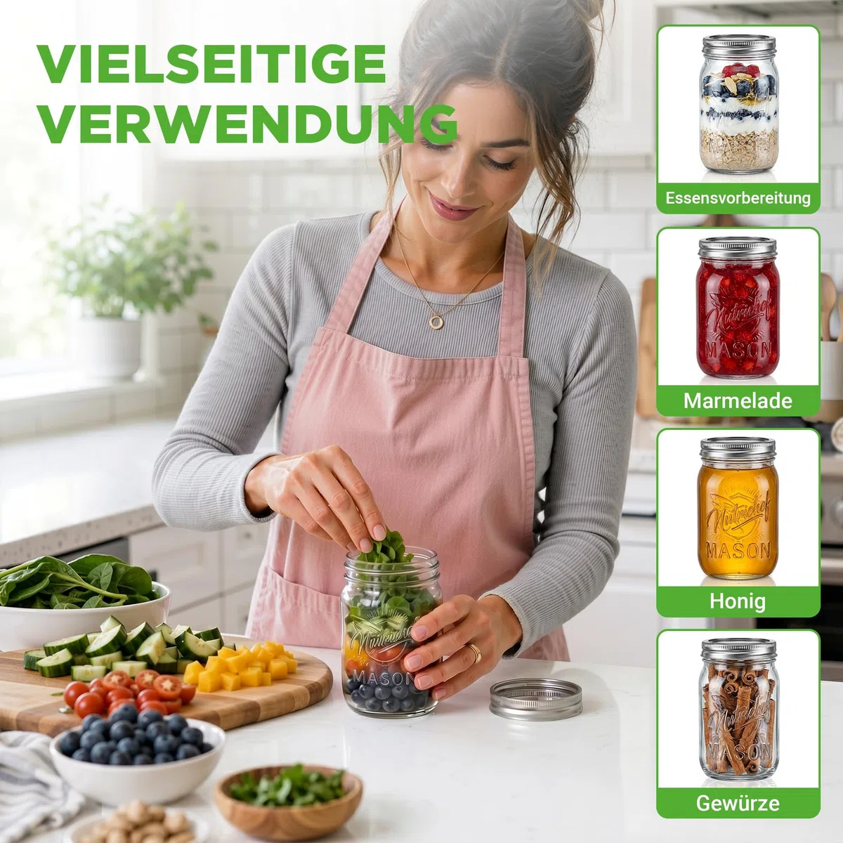 NutriChef set de 16 frascos de vidrio 470 ml con cierre hermético multiuso para meal prep, mermeladas, especias, miel, velas y decoración DIY