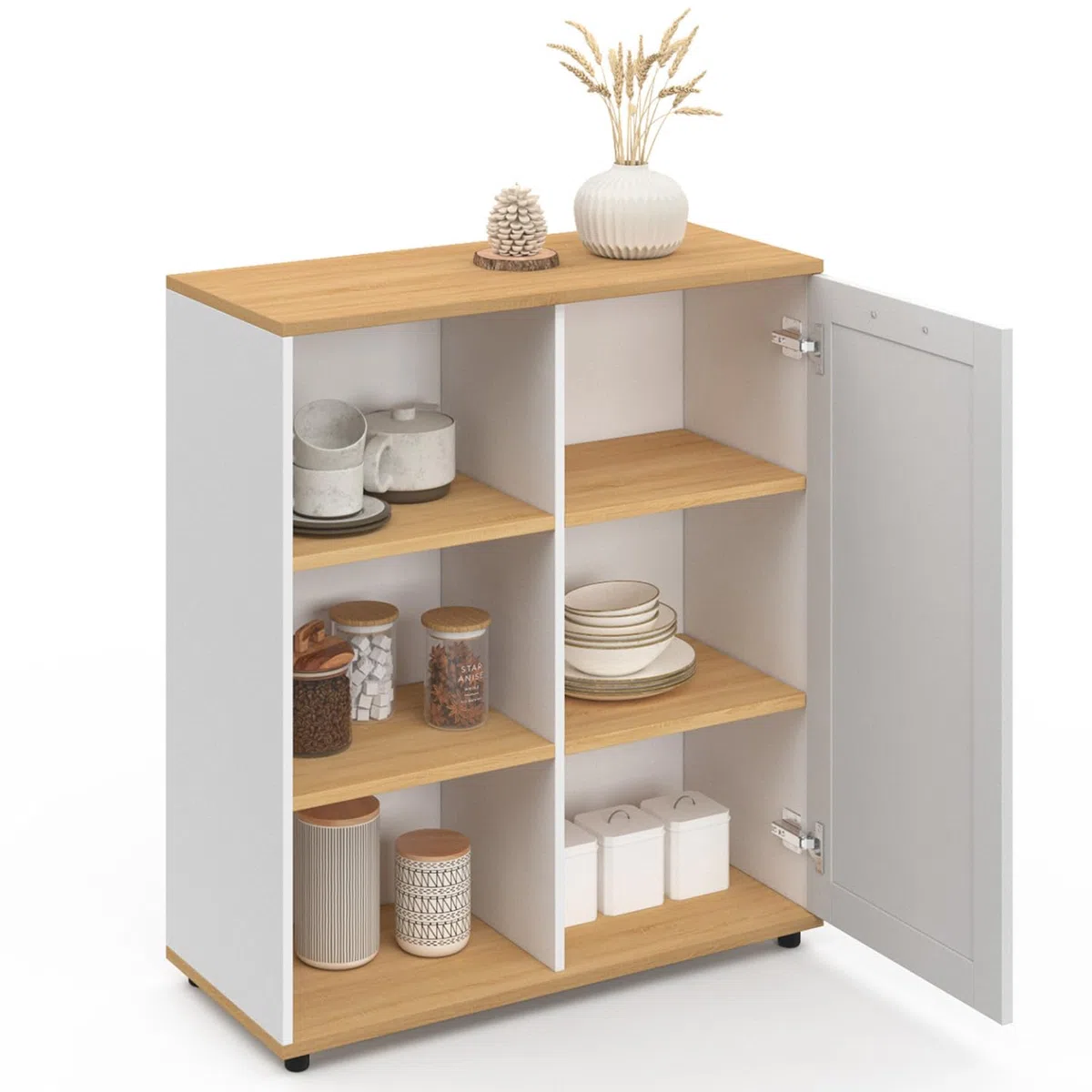 IDMarket - Aparador auxiliar VITO de 70 cm con 3 estantes y armario blanco y tablero de madera