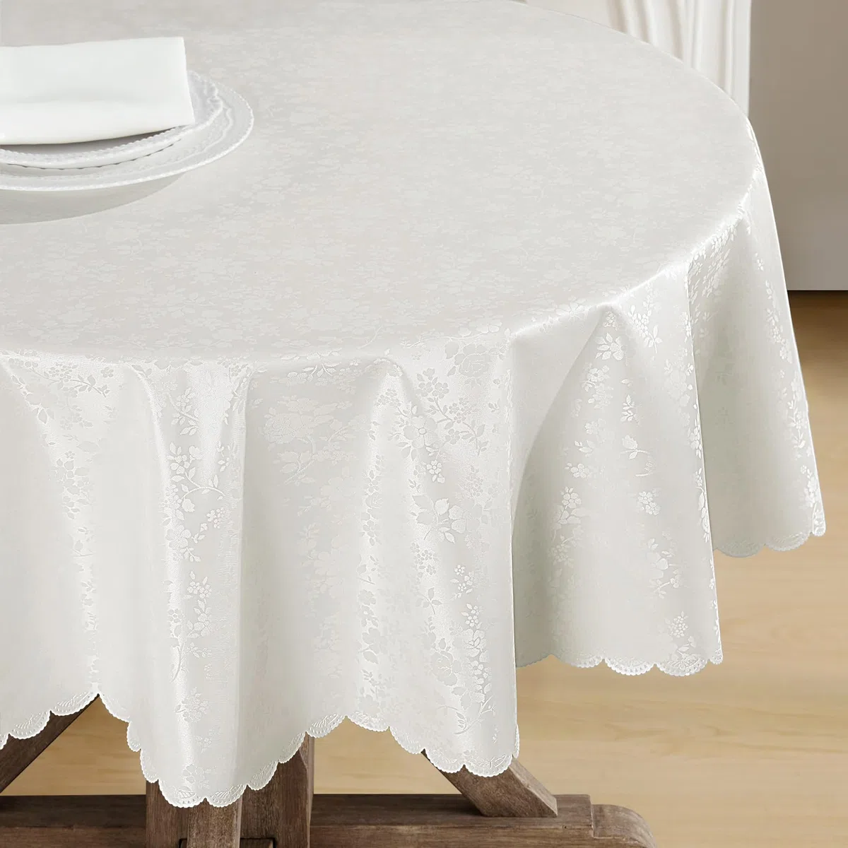 Romanstile mantel redondo grande de hule PVC blanco con flores, antimanchas, impermeable, resistente y fácil de limpiar, 160 cm, apto para mesa redonda grande de comedor, jardín, uso exterior y Pascua