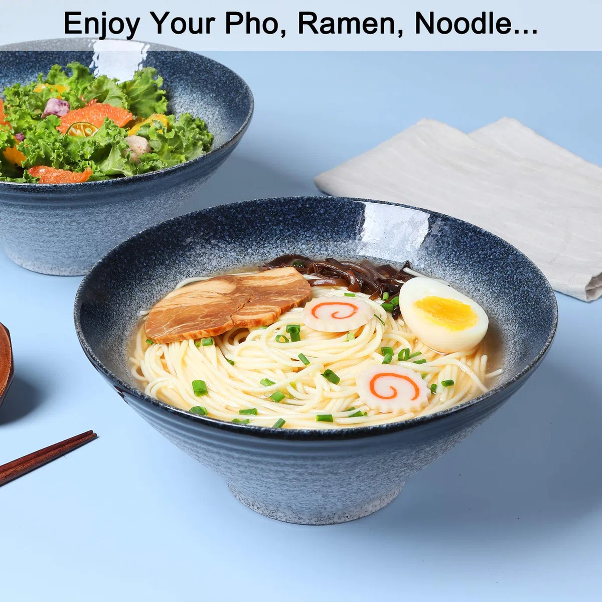 Ramen Fideos - Cuenco para sopa, 2 juegos (6 piezas) 6 onzas, con cuchara y palillos a juego para fideos asiáticos Udon Soba Pho, grande (azul-verde)