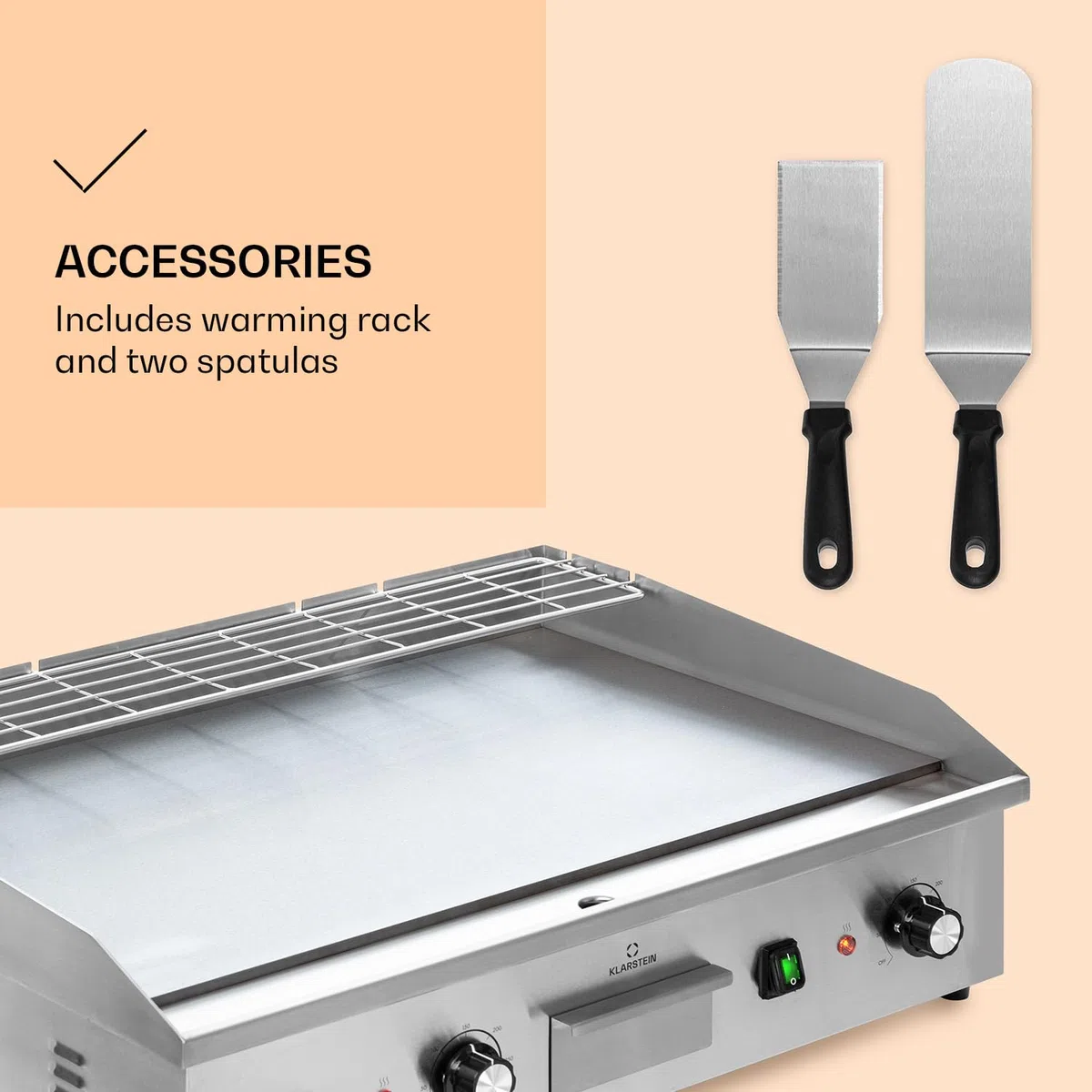 Klarstein Plancha Cocina Eléctrica Profesional, Grill de Acero Inoxidable, Antiadherente con Bandeja Aceite Extraíble, LED, 2 Espátulas, Plancha de Asar, Camping y Restaurantes 200W, Plata