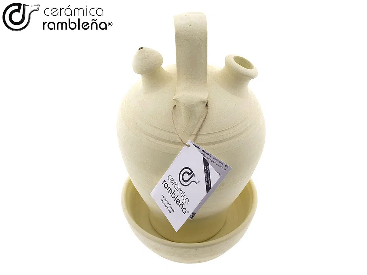 CERÁMICA RAMBLEÑA | Botijo de barro tradicional base vuelta de La Rambla (Córdoba) | 100% Hecho a mano | 3 litros | ECO | Plato INCLUIDO