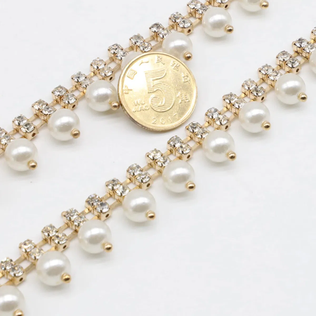 Aplique de cadena de diamantes de imitación brillantes de 1 yarda, cadena de cierre de cristal con cuentas de perlas incrustadas para costura, manualidades, fiesta, accesorios de decoración (dorado)