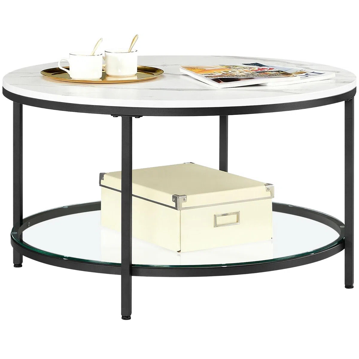 VASAGLE Mesa de Centro, Mesita de Salón, de Mármol de Imitación Redonda, Estante de Vidrio Templado, Montaje Fácil, Estilo Moderno, Blanco Mármol y Negro Tinta LCT071B13