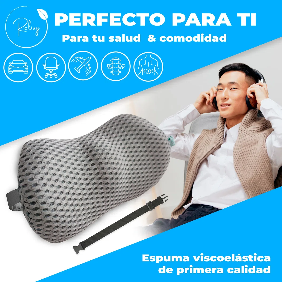 Cojín Lumbar Ergonómico Viscoelástico – Soporte Lumbar Coche Oficina Gaming – Funda 3D Transpirable Lavable – Alivio Dolor Espalda Baja & Mejor Postura (Gris)