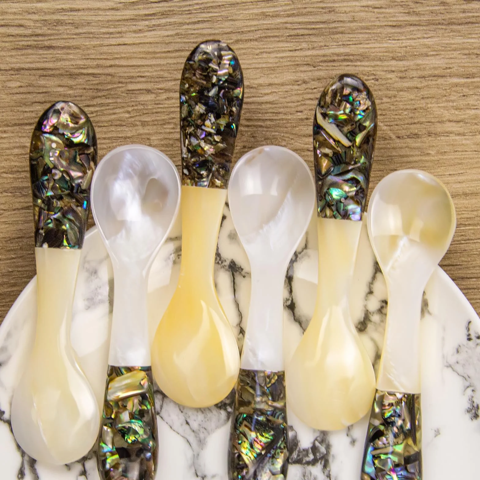 DUEBEL Juego de 6 cucharas de caviar con mango de abulón, cucharas de nácar de 4 pulgadas para servir caviar, servir huevos, vajilla para eventos de catering, decoración de mesa de restaurante