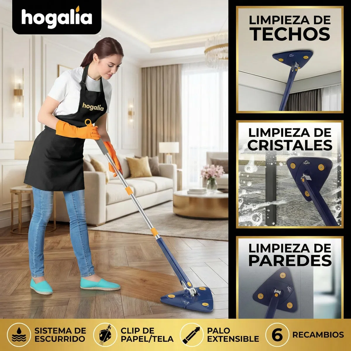 Mopa Triangular Giratoria 360 Autoescurrible de Microfibra, Mopa para Limpiar Azulejos y Paredes, Colgador, 6 Recambios, Manual y Trucos. Fregona Autoescurrible, Suelos, Techos y Ventanas