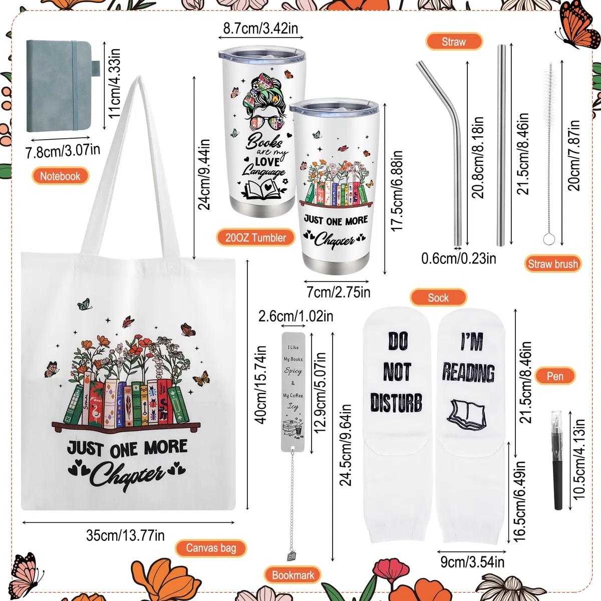 saerryor Set de Regalos para Amantes de los Libros para Mujeres, 6 PIEZAS Regalos para Amantes de los Libros Incluyen Vaso, Bolso de Lienzo, Calcetines, Bolígrafo, Cuaderno, Marcadores para Lectores