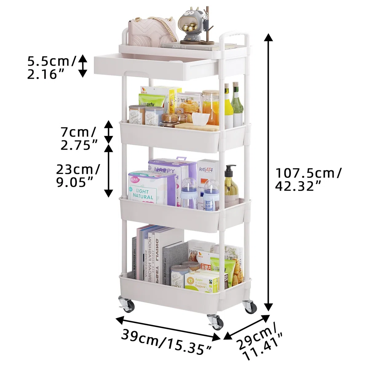 3/4 Niveles Carrito Auxiliar con Ruedas Carro Almacenaje con Ruedas e Cajones Verdulero Auxiliar Carrito Organizador para Cocina Baño