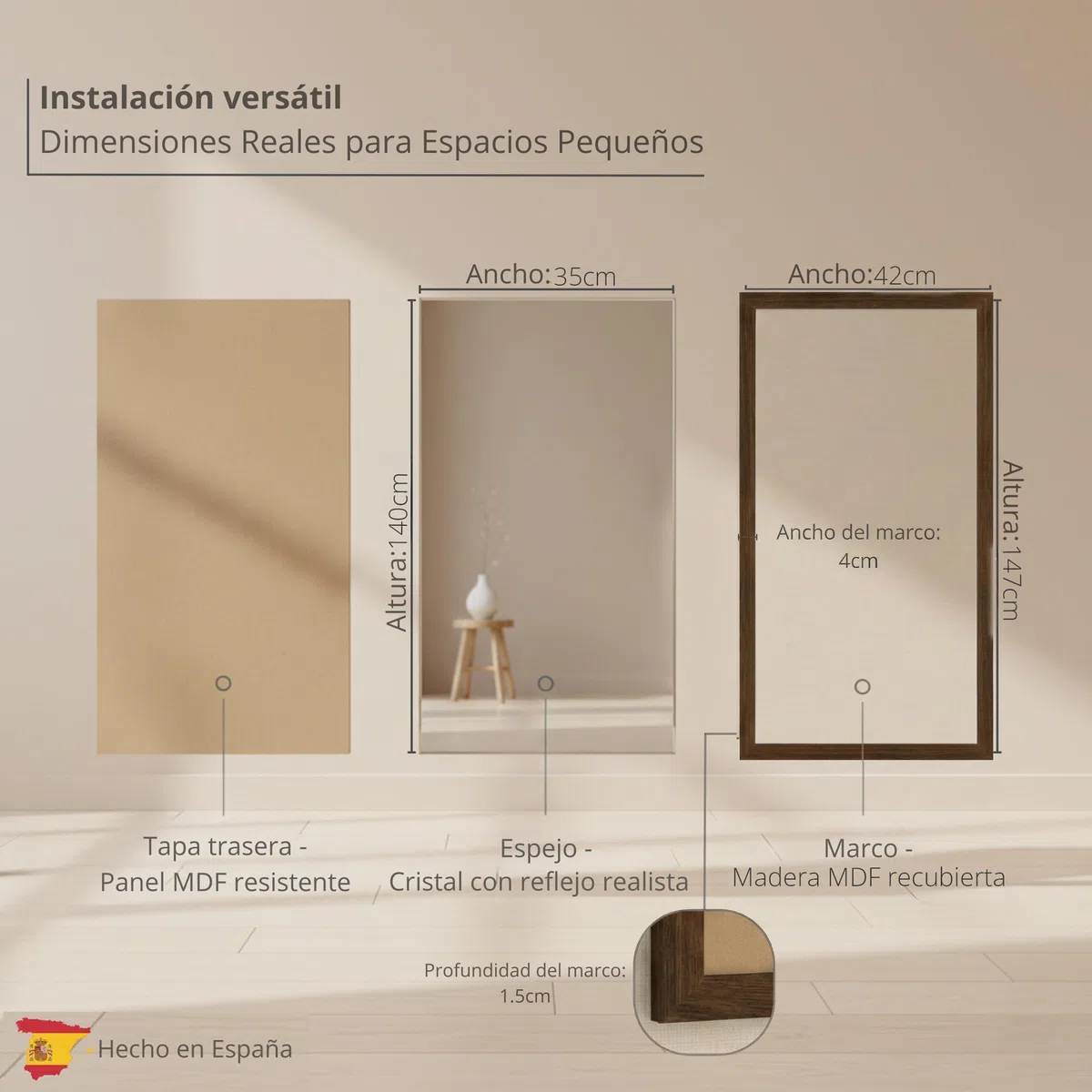 CHELY INTERMARKET MOD128 Espejo Pared Vertical Decorativo Grande Estilo Moderno Marco Madera Cuerpo Entero Elegante 35x140 cm Nogal Ideal Recibidor Dormitorio Baño Incluye Kit Montaje