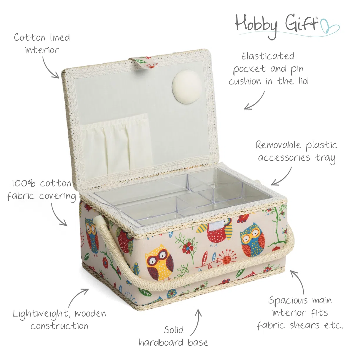 Hobby Gift Caja de Costura Mediana con Asa, Cesta de Algodón para Almacenaje de Costura, Organizador con Compartimentos, 18,5 x 25,5 x 14,5 cm, Búho