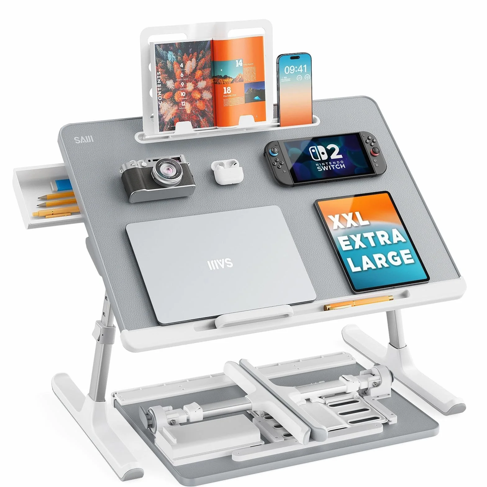 Mesa plegable SAIJI de 60 x 45 cm para cama, escritorio multiusos de alta calidad, ángulo de altura ajustable, con soporte para libros, cajón, ranura para tableta, para comer, trabajar, escribir
