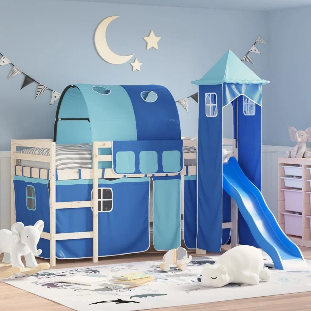 Cortinas para cama alta con túnel y torre azul de poliéster, accesorios de cama para habitación infantil, 3 bolsillos, apto para somier con somier y soporte estable, cómoda zona de juego