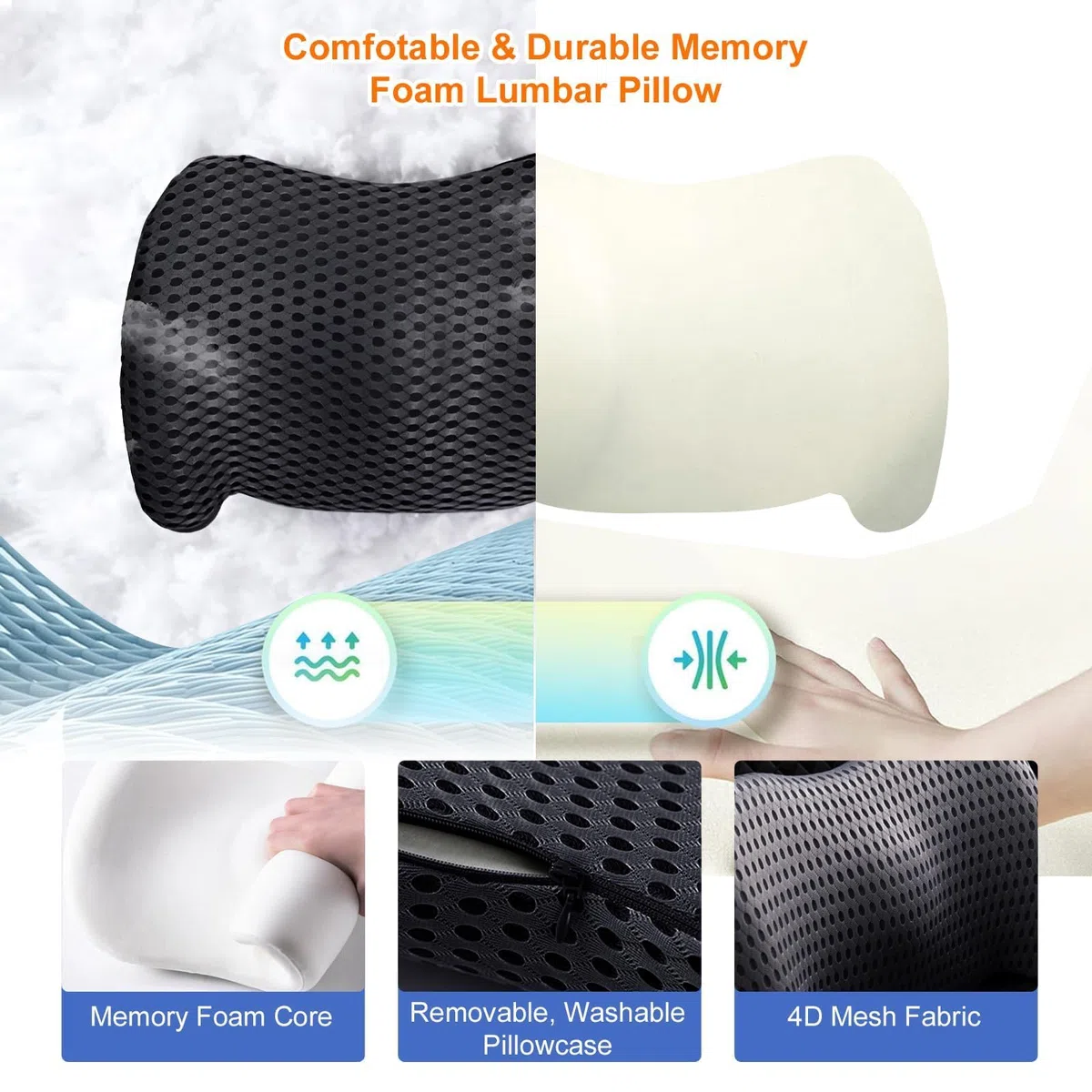 Almohada ergonómica de apoyo lumbar, cojín de respaldo de espuma viscoelástica de alta calidad para silla de oficina, coche y juegos, diseño ortopédico para aliviar el dolor de espalda baja, cubierta
