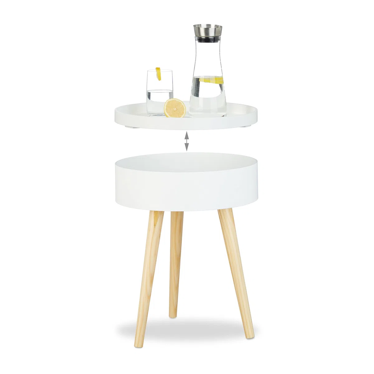 Relaxdays Mesa Auxiliar Redonda Nórdica con Bandeja, Madera, Blanco, 50x38x38 cm