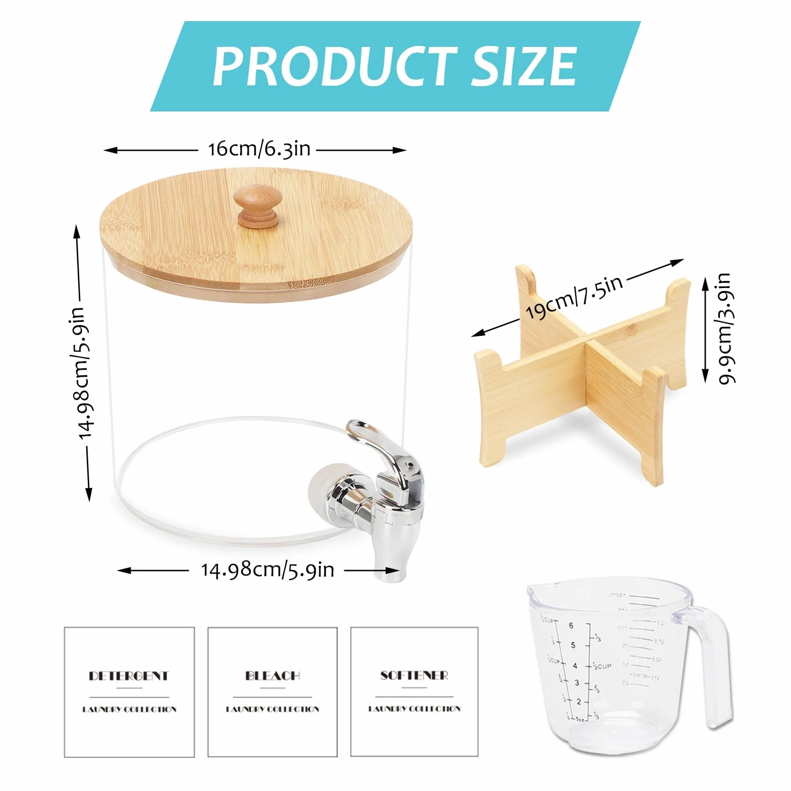 Dispensador de Detergente,Recipientes de Almacenamiento de Lavandería con Soporte de Madera,Grifo y Tapa,Tarros de Almacenamiento de Detergente,Botella de Almacenamiento de Suavizante de Tela