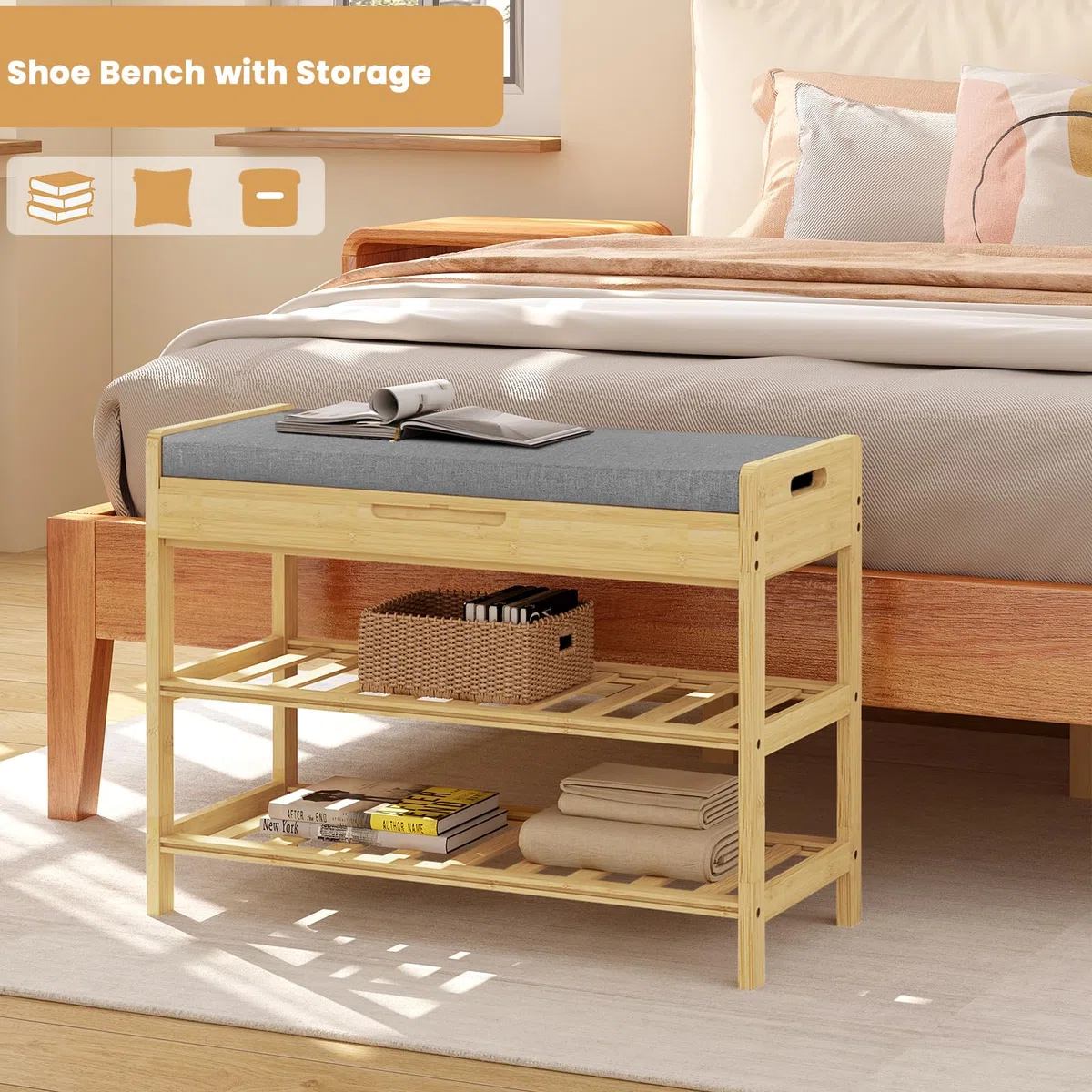 WOLTU Banco Zapatero de Bambú, Banco para Zapatos de 2 estantes, Zapatero con Caja Olculta y Asiento Acolchado, Organizador para Entrada, Baño, Dormitorio, Pasillo, 68x30x50cm