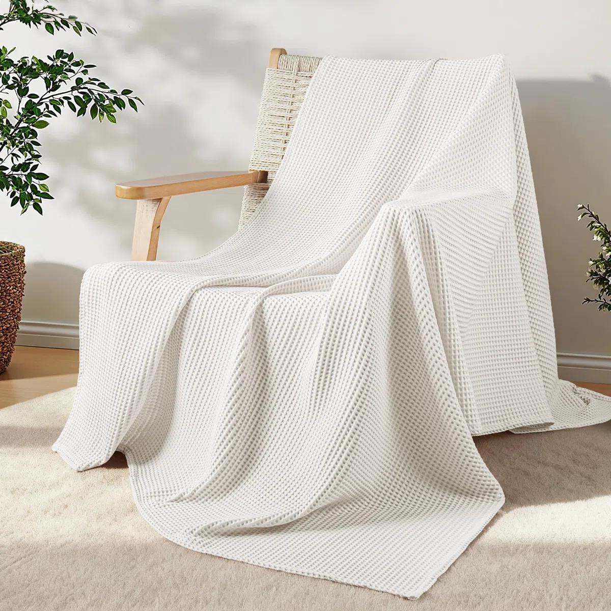 Exclusivo Mezcla Manta de 100% Algodón Gofrado, Ligera, Suave y Cómoda para Cama, Sofá y Oficina, Todas Las Estaciones, 130 x 170 cm, Blanco